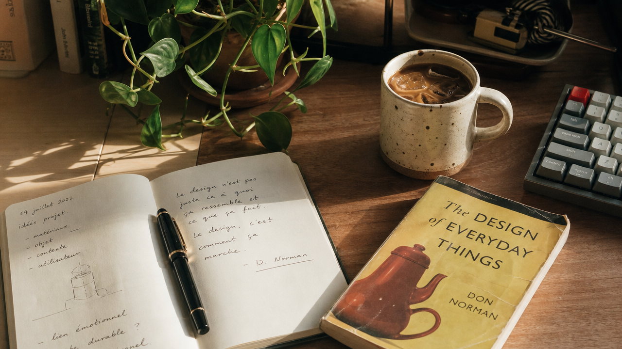 Un coin du bureau : notes manuscrites, café et clavier au soleil